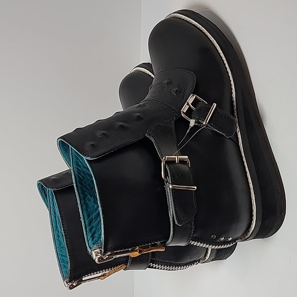 PSKaufman Boot No.1011 Roadway Back Zip Buckle Wedge Black Leather Moto Biker 9D - Picture 5 of 14
